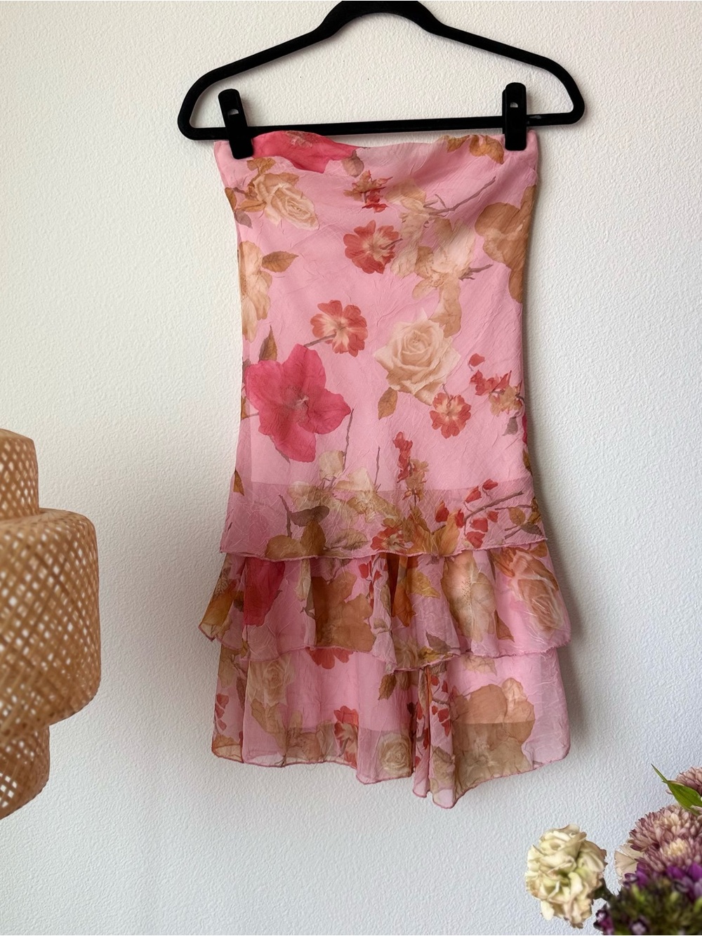 Vintage Forever 21 Pink Floral Tiered Strapless Mini Dress
